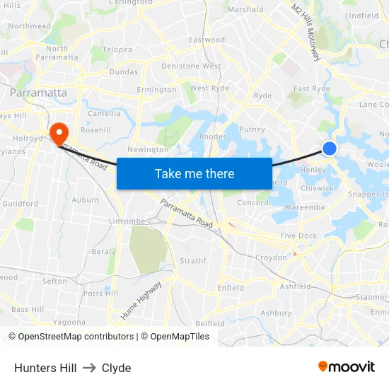 Hunters Hill to Clyde map