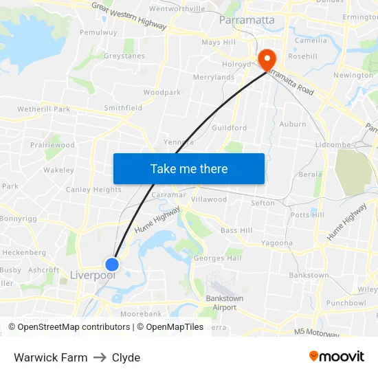 Warwick Farm to Clyde map
