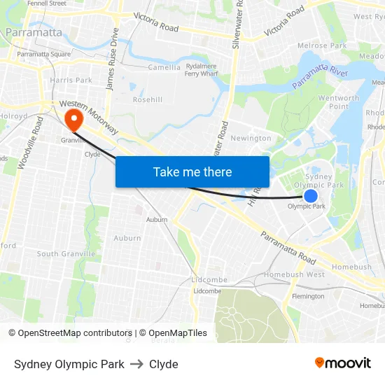 Sydney Olympic Park to Clyde map