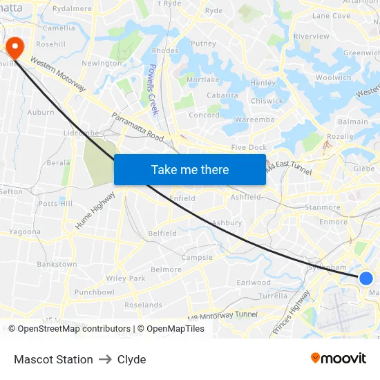 Mascot Station to Clyde map