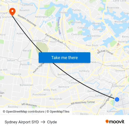 Sydney Airport SYD to Clyde map