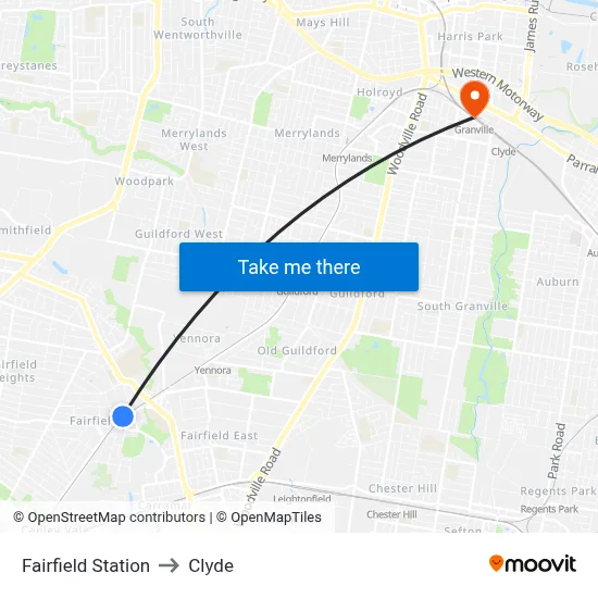 Fairfield Station to Clyde map
