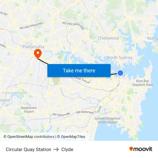 Circular Quay Station to Clyde map