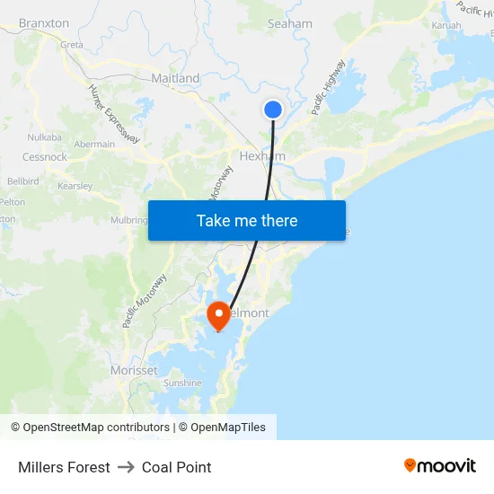 Millers Forest to Coal Point map