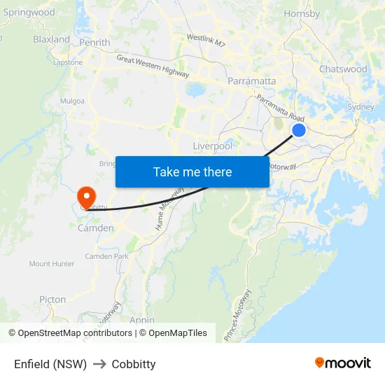Enfield (NSW) to Cobbitty map