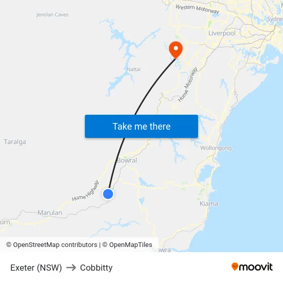 Exeter (NSW) to Cobbitty map