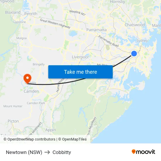 Newtown (NSW) to Cobbitty map