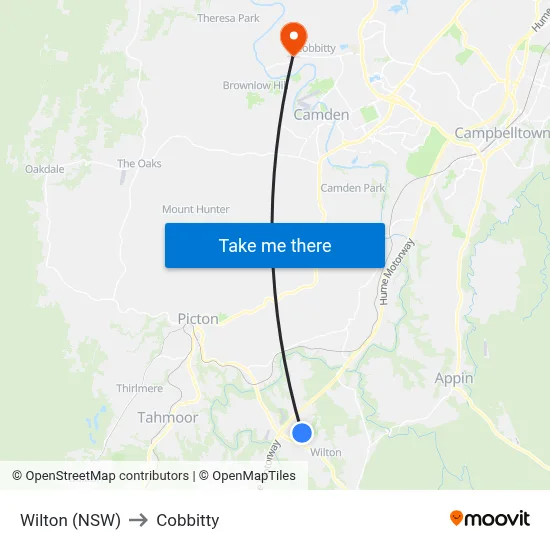 Wilton (NSW) to Cobbitty map