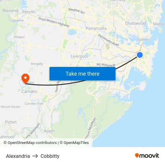 Alexandria to Cobbitty map