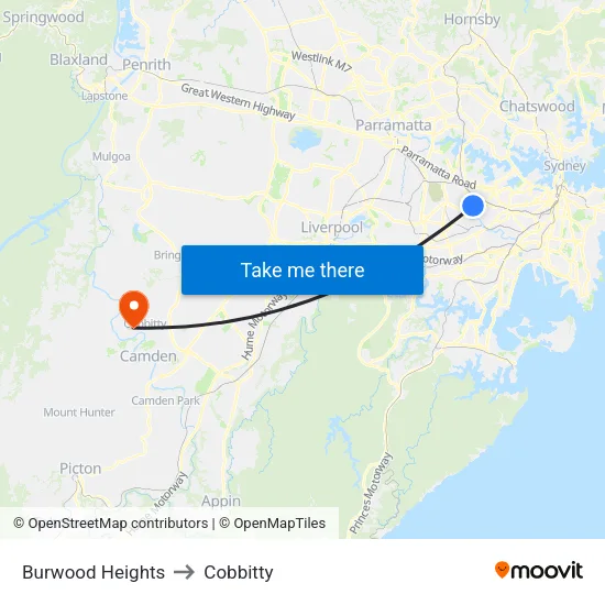 Burwood Heights to Cobbitty map