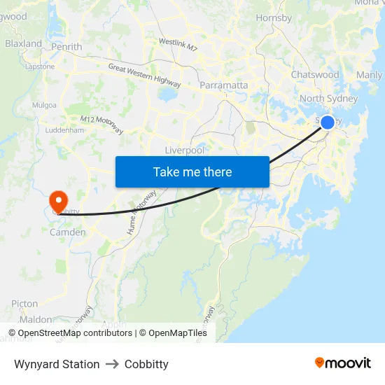 Wynyard Station to Cobbitty map