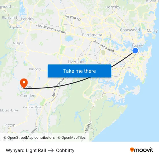 Wynyard Light Rail to Cobbitty map