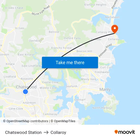 Chatswood Station to Collaroy map
