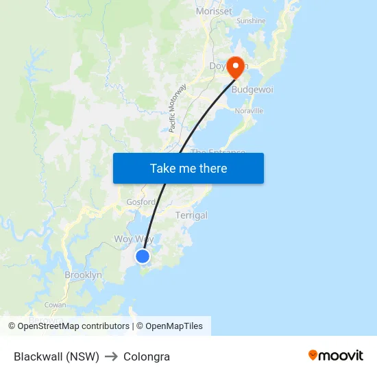 Blackwall (NSW) to Colongra map