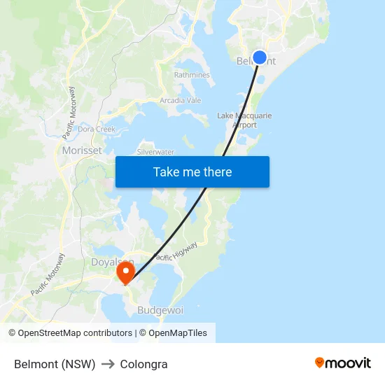 Belmont (NSW) to Colongra map