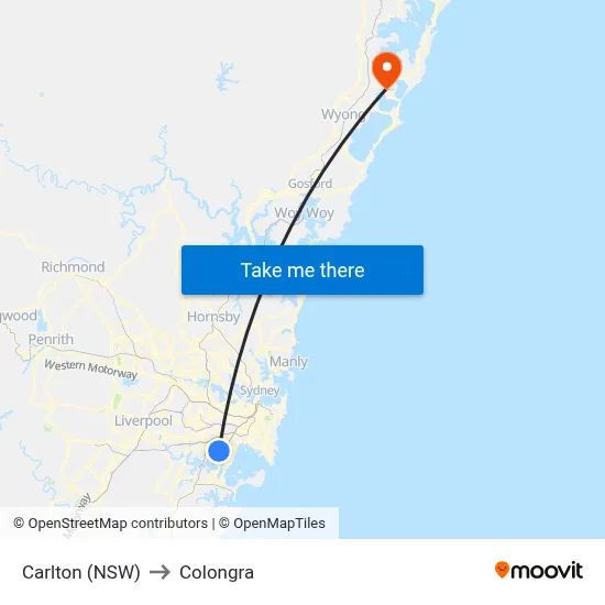 Carlton (NSW) to Colongra map