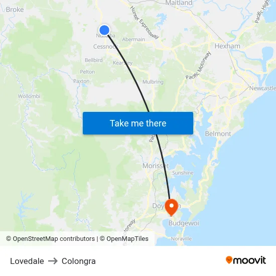 Lovedale to Colongra map