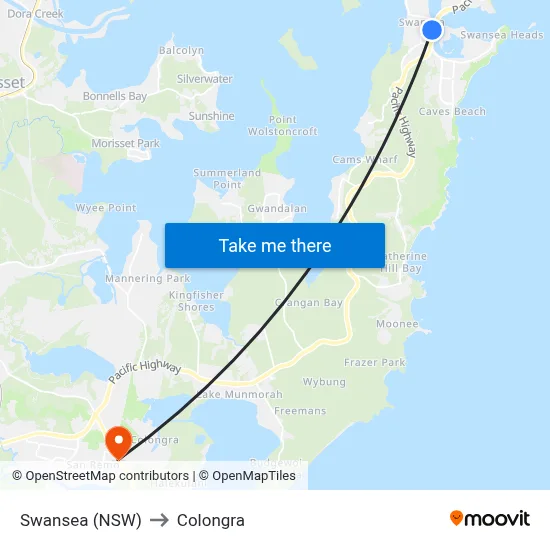 Swansea (NSW) to Colongra map