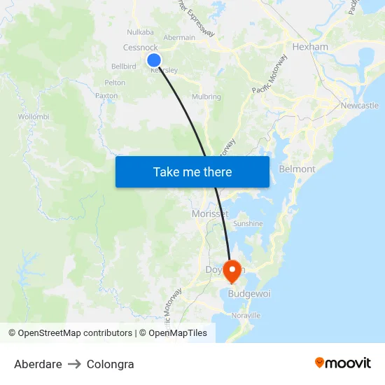 Aberdare to Colongra map
