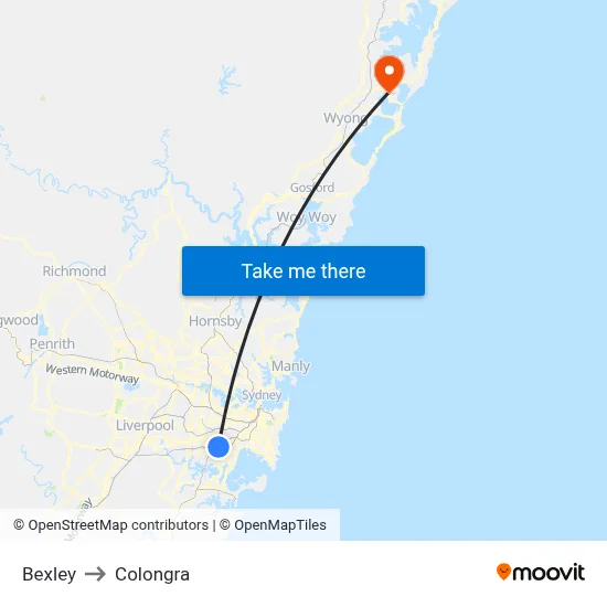 Bexley to Colongra map