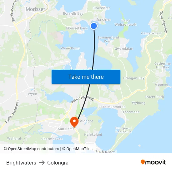 Brightwaters to Colongra map