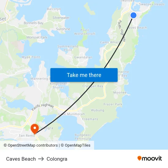 Caves Beach to Colongra map