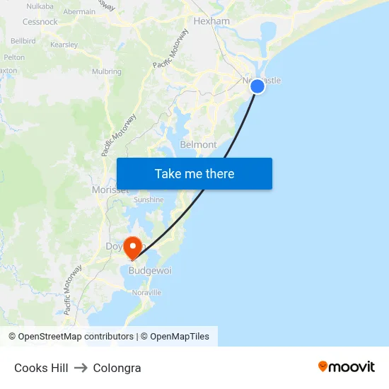 Cooks Hill to Colongra map