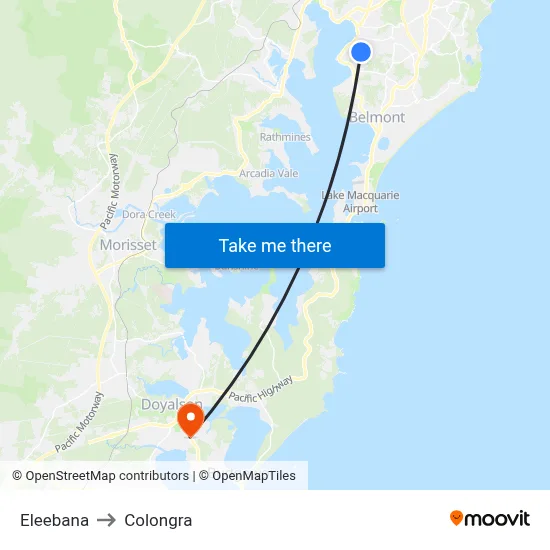 Eleebana to Colongra map