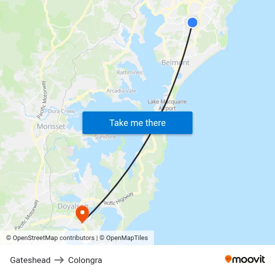Gateshead to Colongra map