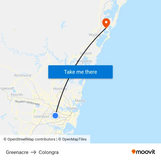 Greenacre to Colongra map