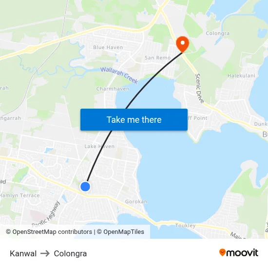 Kanwal to Colongra map