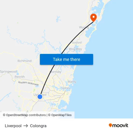 Liverpool to Colongra map