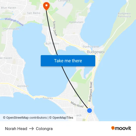 Norah Head to Colongra map