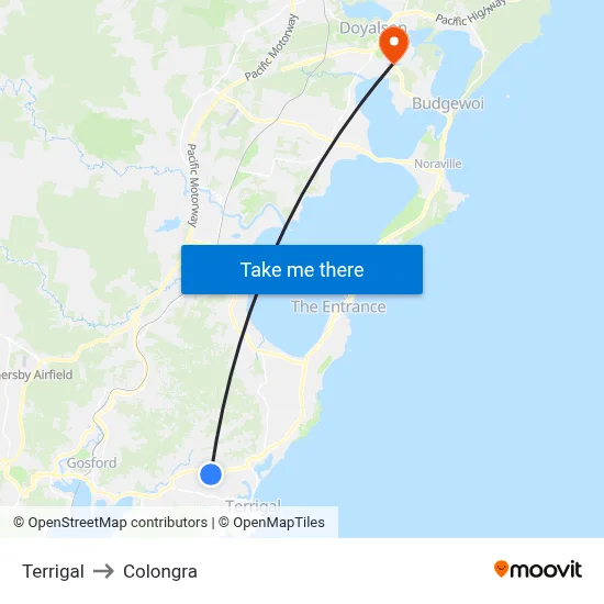 Terrigal to Colongra map