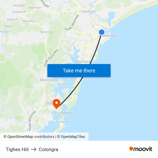 Tighes Hill to Colongra map