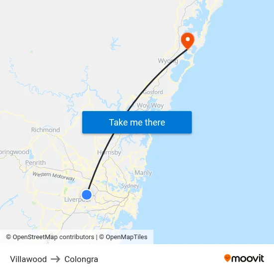 Villawood to Colongra map