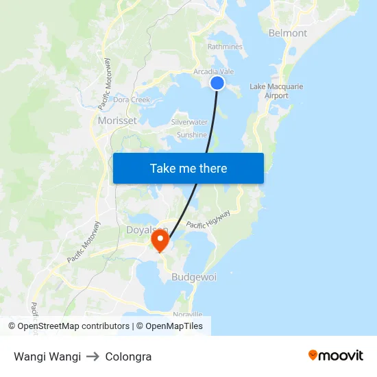 Wangi Wangi to Colongra map