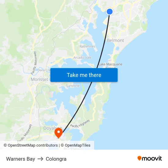 Warners Bay to Colongra map