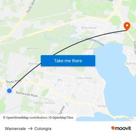 Warnervale to Colongra map