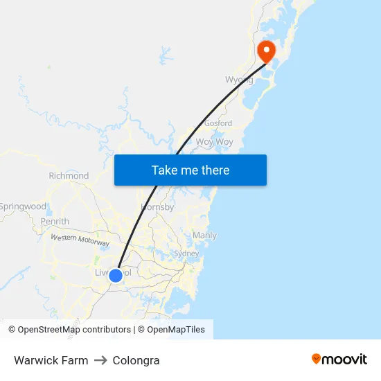 Warwick Farm to Colongra map