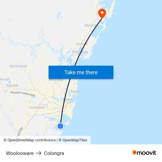 Woolooware to Colongra map