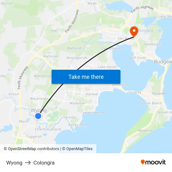 Wyong to Colongra map