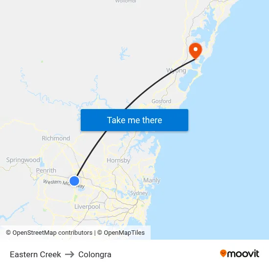 Eastern Creek to Colongra map