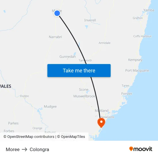 Moree to Colongra map