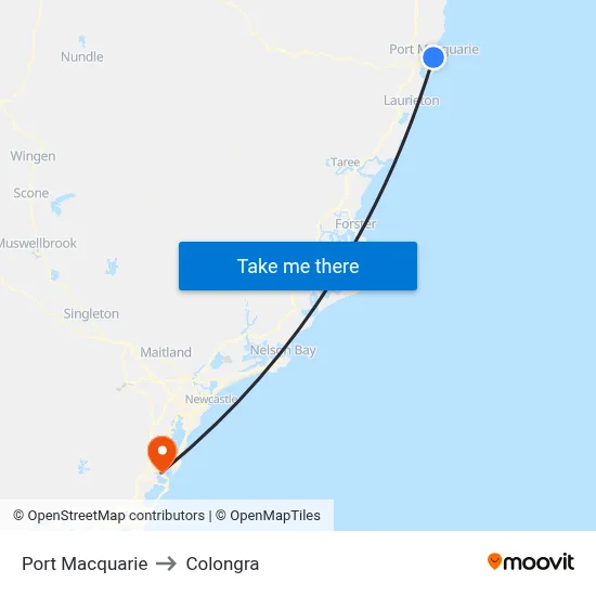 Port Macquarie to Colongra map