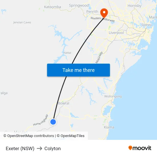 Exeter (NSW) to Colyton map
