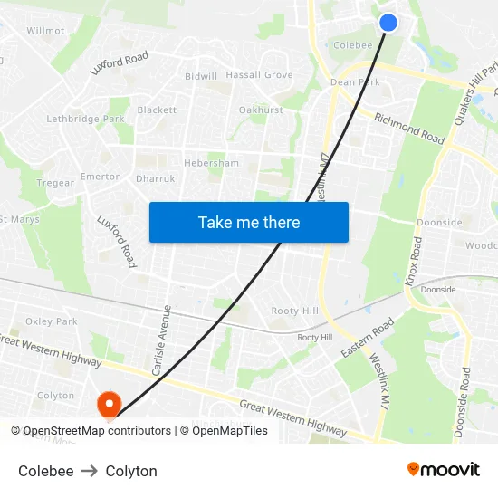 Colebee to Colyton map