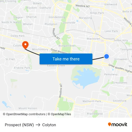 Prospect (NSW) to Colyton map