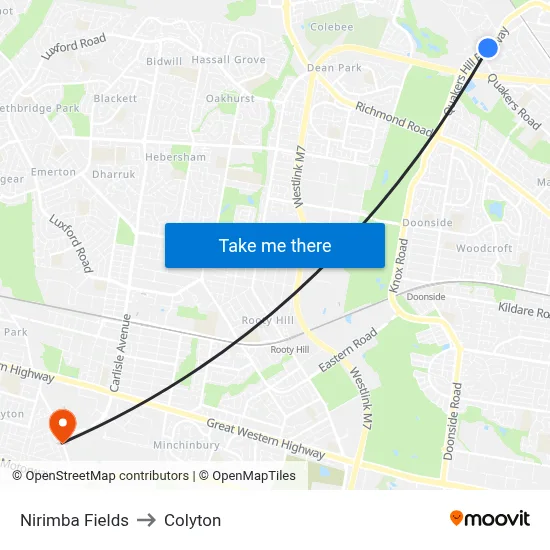 Nirimba Fields to Colyton map