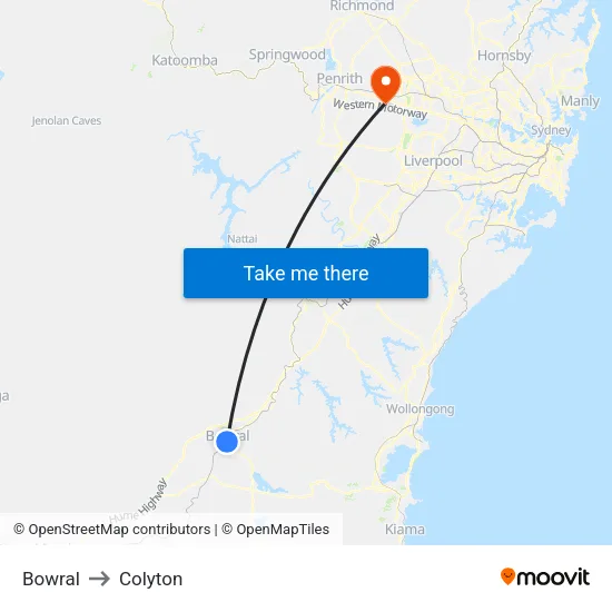 Bowral to Colyton map
